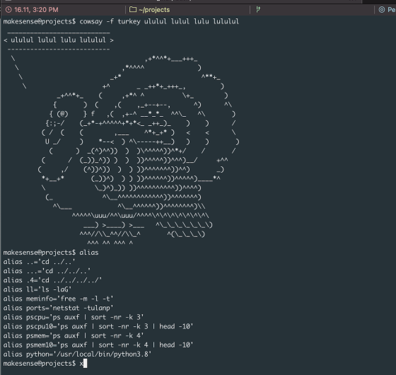 <p>Повторить предыдущую команду как root</p><pre class="ql-syntax" spellcheck="false">sudo !!
</pre><p>Выполнить команду, чтобы она не сохранилась в истории</p><pre class="ql-syntax" spellcheck="false">&nbsp;ls -l
history <span class="hljs-comment"># check the history</span>
</pre><p>Поправить предыдущую очень длинную команду (откроется редактор)</p><pre class="ql-syntax" spellcheck="false">fc
</pre><p>Закрыть сессию так, чтобы процессы пользователя продолжили работать</p><pre class="ql-syntax" spellcheck="false">disown -a &amp;&amp; <span class="hljs-keyword">exit</span>
</pre><p>Очистить терминал</p><pre class="ql-syntax" spellcheck="false">ctrl + l&nbsp;<span class="hljs-comment"># L</span>
</pre><p>Посмотреть CPU</p><pre class="ql-syntax" spellcheck="false">cat /proc/cpuinfo
</pre><p>Посмотреть память</p><pre class="ql-syntax" spellcheck="false">cat /proc/meminfo
</pre><p>Посмотреть свой внешний ip</p><pre class="ql-syntax" spellcheck="false">curl ifconfig.me
</pre><p>Найти в папке с файлами текст</p><pre class="ql-syntax" spellcheck="false">grep -rn /etc/ -e text_to_find
</pre><p>Найти файлы больше 10mb</p><pre class="ql-syntax" spellcheck="false">find -<span class="hljs-built_in">type</span> f -size +10MB -<span class="hljs-built_in">exec</span> ls -lah {} \;
</pre><p>Построить дерево каталога (3 уровня макс)</p><pre class="ql-syntax" spellcheck="false">tree -L 3
</pre><p>Посмотреть процессы в виде дерева</p><pre class="ql-syntax" spellcheck="false">pstree
</pre><p>Создать ссылку из каталога в другой каталог</p><pre class="ql-syntax" spellcheck="false">ln -s /<span class="hljs-keyword">var</span>/www/apps/images.<span class="hljs-property">site</span>.<span class="hljs-property">com</span>/www name_of_link
</pre><p><br></p><h2>Список моих alias для linux</h2><pre class="ql-syntax" spellcheck="false">export CLICOLOR=<span class="hljs-number">1</span>

dexec() {
&nbsp;&nbsp;docker exec -it <span class="hljs-string">"<span class="hljs-subst">$1</span>"</span> /bin/bash
&nbsp;&nbsp;<span class="hljs-keyword">echo</span> <span class="hljs-string">"<span class="hljs-subst">$1</span>"</span>
}

alias ..=<span class="hljs-string">'cd ../..'</span>
alias ...=<span class="hljs-string">'cd ../../..'</span>
alias <span class="hljs-number">.4</span>=<span class="hljs-string">'cd ../../../../'</span>
alias ll=<span class="hljs-string">'ls -laG'</span>
alias ports=<span class="hljs-string">'netstat -tulanp'</span> <span class="hljs-comment">#for linux</span>
﻿alias ports=<span class="hljs-string">'netstat -anvp tcp'</span> <span class="hljs-comment">#for macos</span>
alias meminfo=<span class="hljs-string">'free -m -l -t'</span>
</pre><p><br></p><h3>Чтобы добавить alias нужно:</h3><ol><li>открыть file ~/.bashrc</li><li>добавить нужные синонимы</li><li>выйти и выполнить source ~/.bashrc</li></ol>