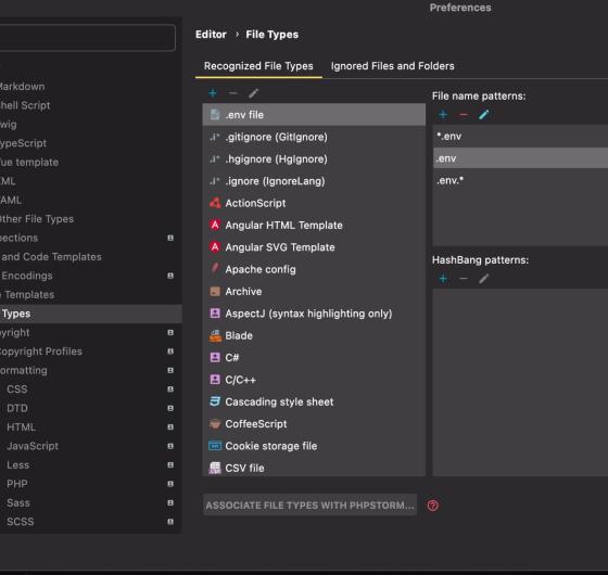 <p>Когда у вас подключен <a href="https://plugins.jetbrains.com/plugin/9525--env-files-support" target="_blank">.env плагин</a>, а подсветка синтаксиса в .env файле не работает, нужно:</p><ol><li>Зайте в Settings -&gt; Editor -&gt; File Types</li><li>Добавить .env значение</li><li>Перезагрузить ide при желании</li></ol>